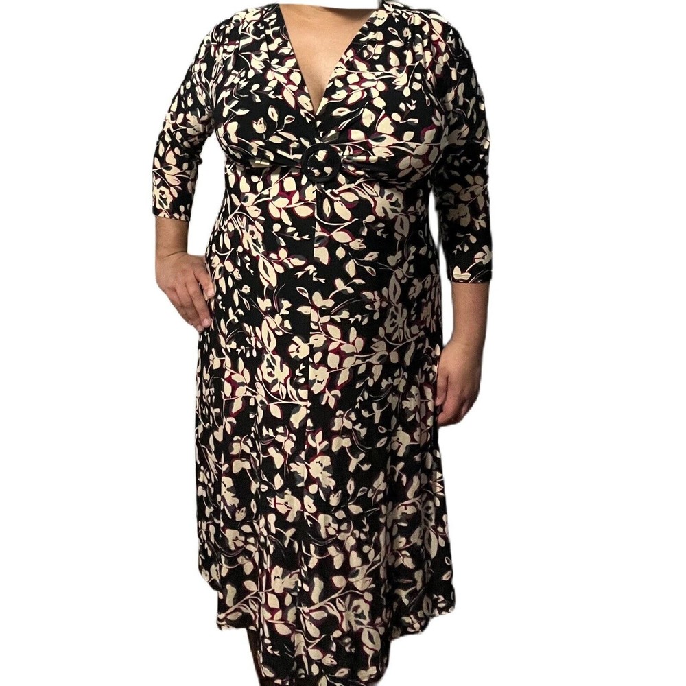 Evan Picone Purple Black Tan Floral Flower Vine V Neck Detail Clingy Dress 16